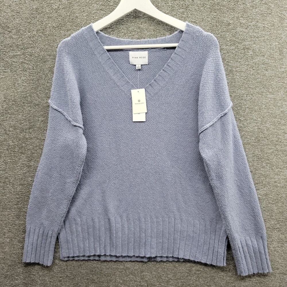 Pink Rose Sweater Women's Large Blue Luxe V Neck Long Sleeve Top NWT